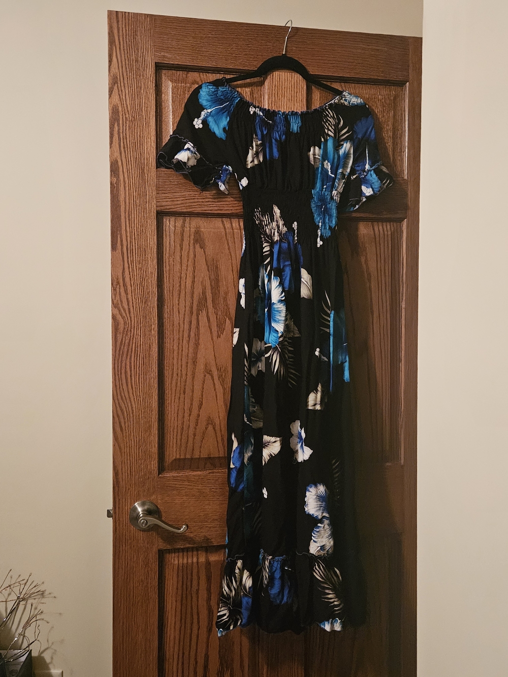 Off-Shoulder Floral Maxi Dress - Blue Floral on Black